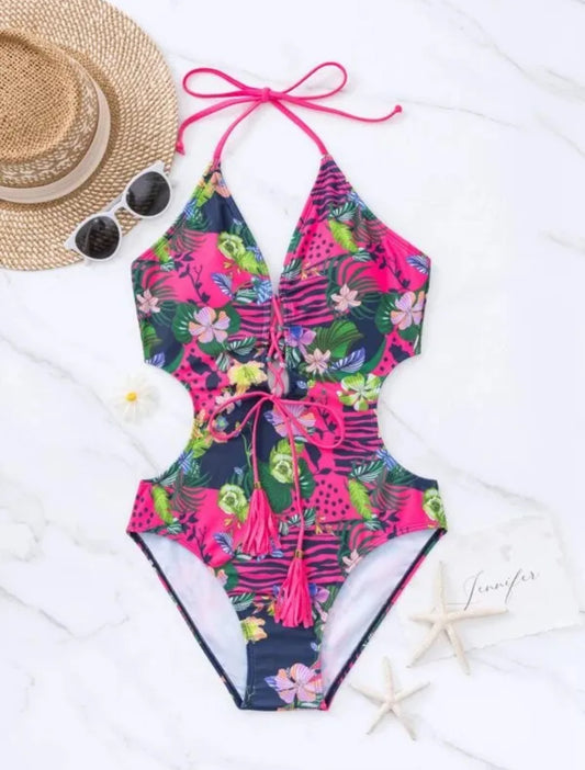 Floral Print Backless Swimsuit