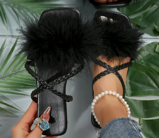 Crisscross Fur Sandals